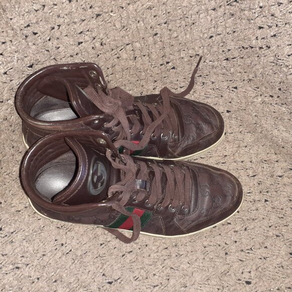 GUCCI-GG High Top 'Guccisima'-Brown Leather Hi-Top Sneakers-Sz 8.5-Excellent - Picture 9 of 11